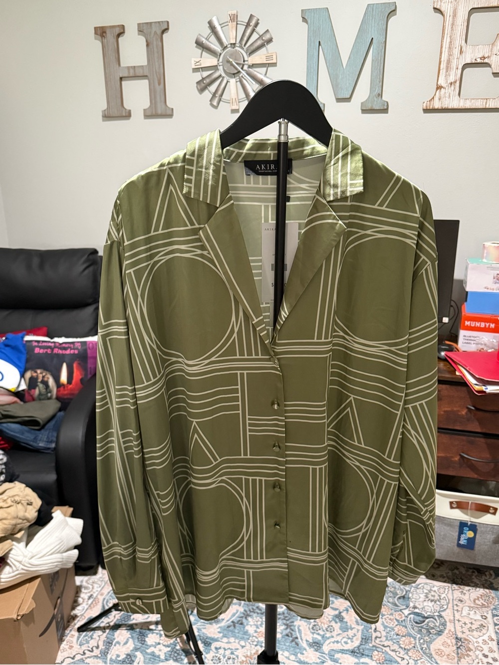 AKIRA Olive Green Graphic-Print Button Shirt